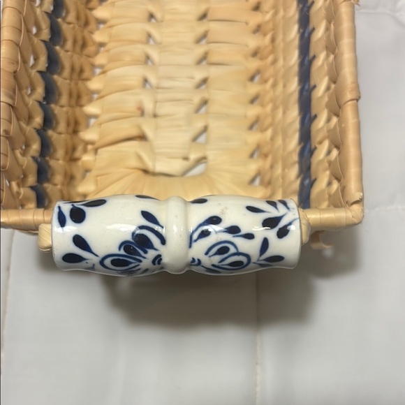Woven Rectangular Basket with Ceramic Blue and White  Handles - Picture 8 of 10